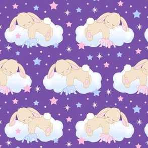 Bunny Sleeping on Cloud with Stars Pink Royal Purple Baby Girl Nursery Small Size 