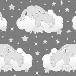 Bunny Sleeping on Cloud with Stars Gray Baby Girl Boy Nursery 