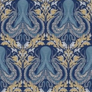 Coastal chic - octopus damask navy and gold - large scale