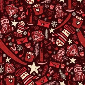 Christmas Ornaments Maximalist Pattern Dark Red