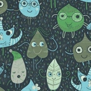 Cute Leaves with Funny Faces in Blue and Green 