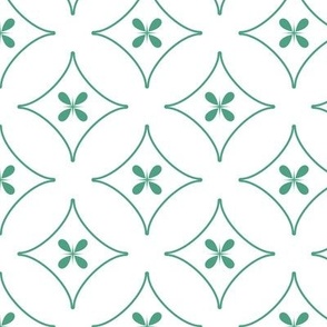 Flowers in diamonds mint green on white geometric pattern