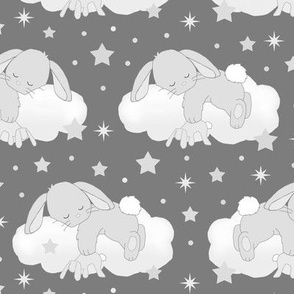 Bunny Sleeping on Cloud with Stars Gray Baby Girl Boy Nursery Small Size