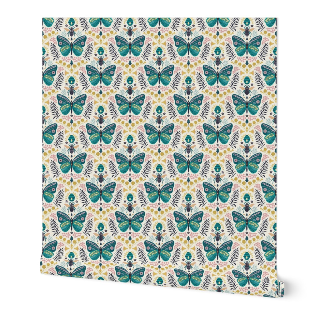 Folksy Butterfly Meets Bee // medium // teal butterfly, bee, yellow, pink, blue, green on cream