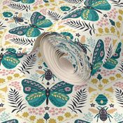 Folksy Butterfly Meets Bee // medium // teal butterfly, bee, yellow, pink, blue, green on cream