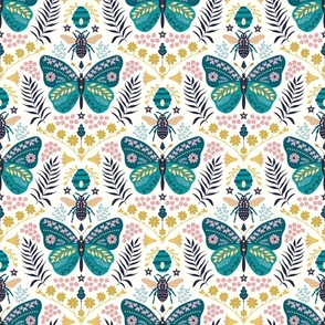 Folksy Butterfly Meets Bee // medium // teal butterfly, bee, yellow, pink, blue, green on cream