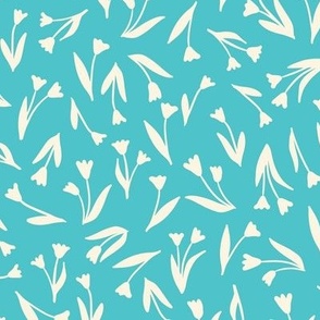 Cream white tossed tulips silhouettes on teal blue, small scale ditsy floral