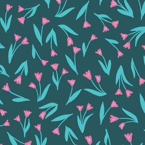 Pink tossed tulips on on dark green, small scale ditsy floral