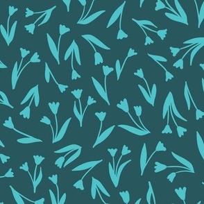 Teal tossed tulips on on dark green, small scale ditsy floral