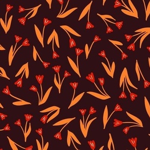 Red and orange tossed tulips on chocolate brown, small scale ditsy floral