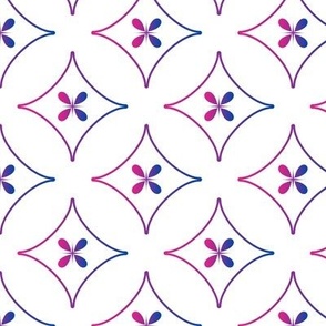 Flowers in diamonds pink-blue gradient on white geometric pattern