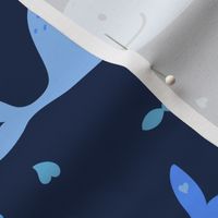M. Playful smiley whales in the ocean, underwater life | shades of blue whales on dark blue. Medium scale, whales are 5 inch long