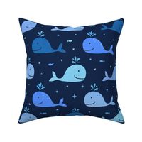 M. Playful smiley whales in the ocean, underwater life | shades of blue whales on dark blue. Medium scale, whales are 5 inch long