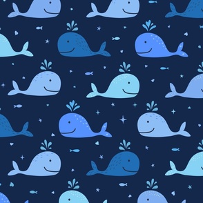 M. Playful smiley whales in the ocean, underwater life | shades of blue whales on dark blue. Medium scale, whales are 5 inch long