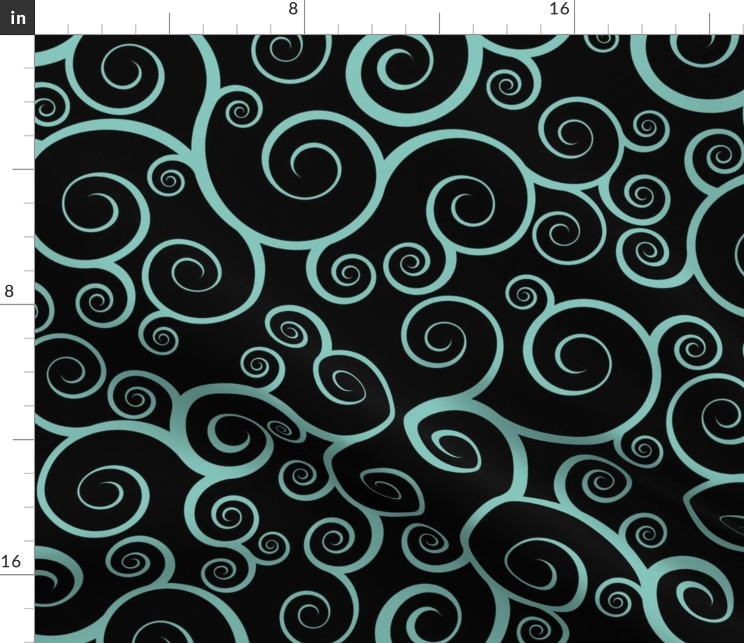 Fancy Swirls - Teal on Black