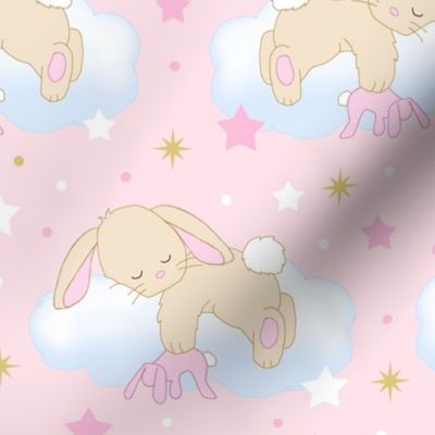 Bunny Sleeping on Cloud with Stars Pink Gold Baby Girl Nursery 14 inches