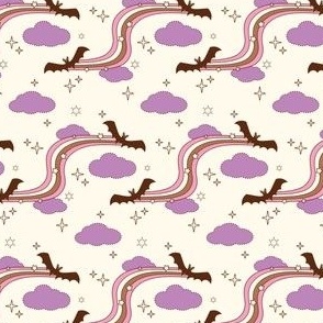 Retro Rainbow Path, Bats, and a Cloud Sky in Cream Purple Pink Brown