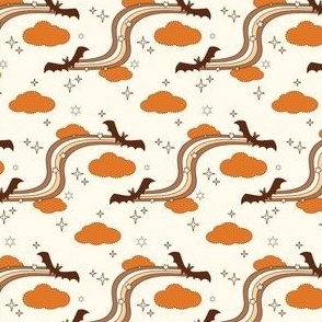 Retro Rainbow Path, Bats, and a Cloud Sky in Cream Orange and Brown