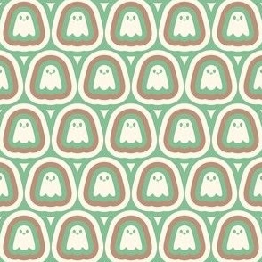 Stacked Retro Happy Halloween Ghosts in Green Brown and Cream White