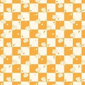 Retro Checkerboard with Pumpkins and Stars in Amber Yellow and Cream