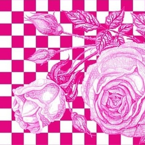 Monochrome Lighter Pink Roses on Checkerboard