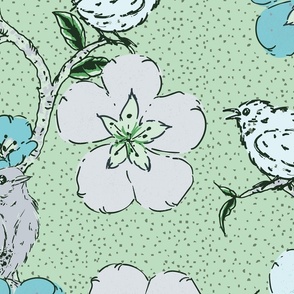 Whimsical Trailing Floral Garden Pattern with Birds - Pantone Mega Matter Colors