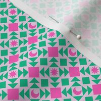 Celestial Geometric Patchwork - Ditsy Scale - Pink and Green - Trendy Preppy Moon Sun