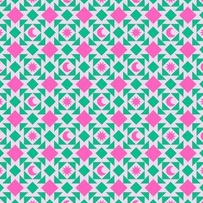 Celestial Geometric Patchwork - Ditsy Scale - Pink and Green - Trendy Preppy Moon Sun