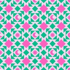 Celestial Geometric Patchwork - Small Scale - Pink and Green - Trendy Preppy Moon Sun