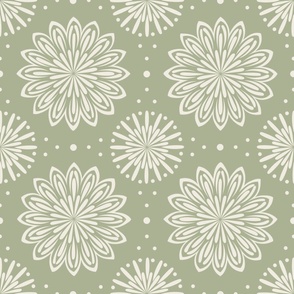 blooms and dots - creamy white_ light sage green - hand drawn floral tile