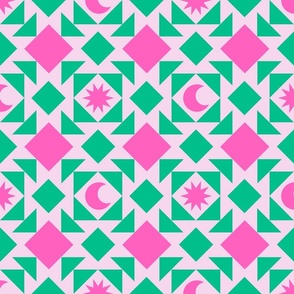 Celestial Geometric Patchwork - Large Scale - Pink and Green - Trendy Preppy Moon Sun