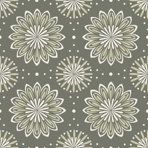 blooms and dots - creamy white_ limed ash_ thistle green - hand drawn floral tile