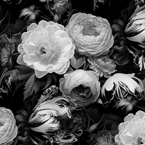 Dutch inspired retro flower black and white roses and peonies