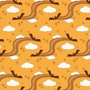 Retro Rainbow Path, Bats, and a Cloud Sky in Yellow Orange Sepia Brown