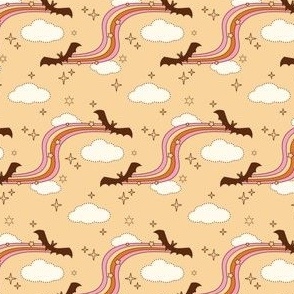 Retro Rainbow Path, Bats, and a Cloud Sky in Wheat Orange Pink Brown