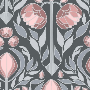 Art deco peonies in dusk rose and gray, 24" 