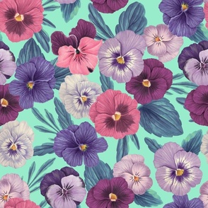 Colorful pansies on bright blue