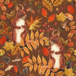 Autumn squirrels and autumnal flora on brown