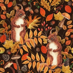 Autumn squirrels and autumnal flora on dark brown
