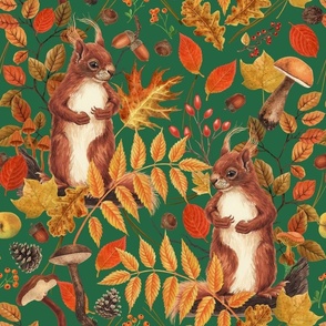 Autumn squirrels and autumnal flora on green