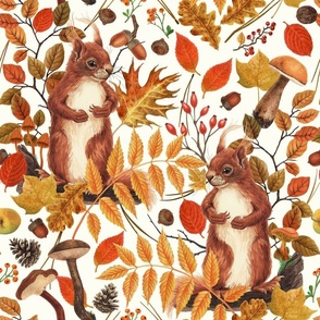 Autumn squirrels and autumnal flora on off white