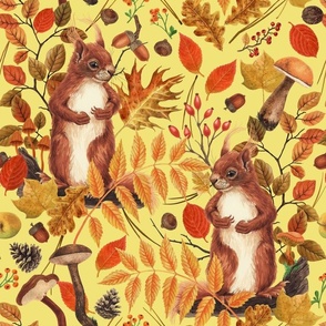 Autumn squirrels and autumnal flora on yellow