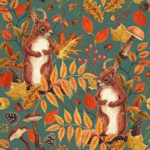 Autumn squirrels and autumnal flora on pine green
