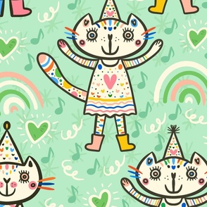 Cut-cuter-cutest-party-cats-on-soft-vintage-mint-green-XL-jumbo