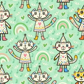 Cut-cuter-cutest-party-cats-on-soft-vintage-mint-green-M-medium