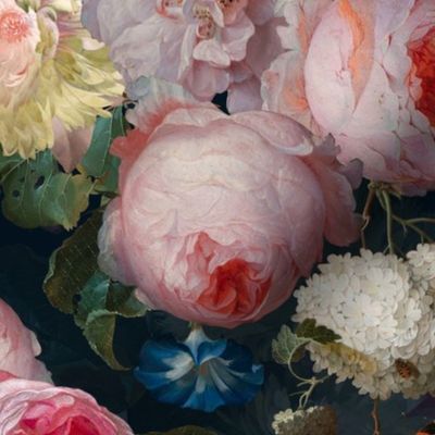 XL - LARGE Lush  Baroque Antiqued Nostalgic Flower Romanticism Peony Roses Bouquets,  Romantic Nostalgic Flemish Floral Bunches, Vintage Home Decor Wallpaper - dark art moody florals - blue