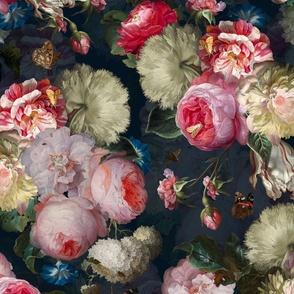 XL - LARGE Lush  Baroque Antiqued Nostalgic Flower Romanticism Peony Roses Bouquets,  Romantic Nostalgic Flemish Floral Bunches, Vintage Home Decor Wallpaper - dark art moody florals - blue
