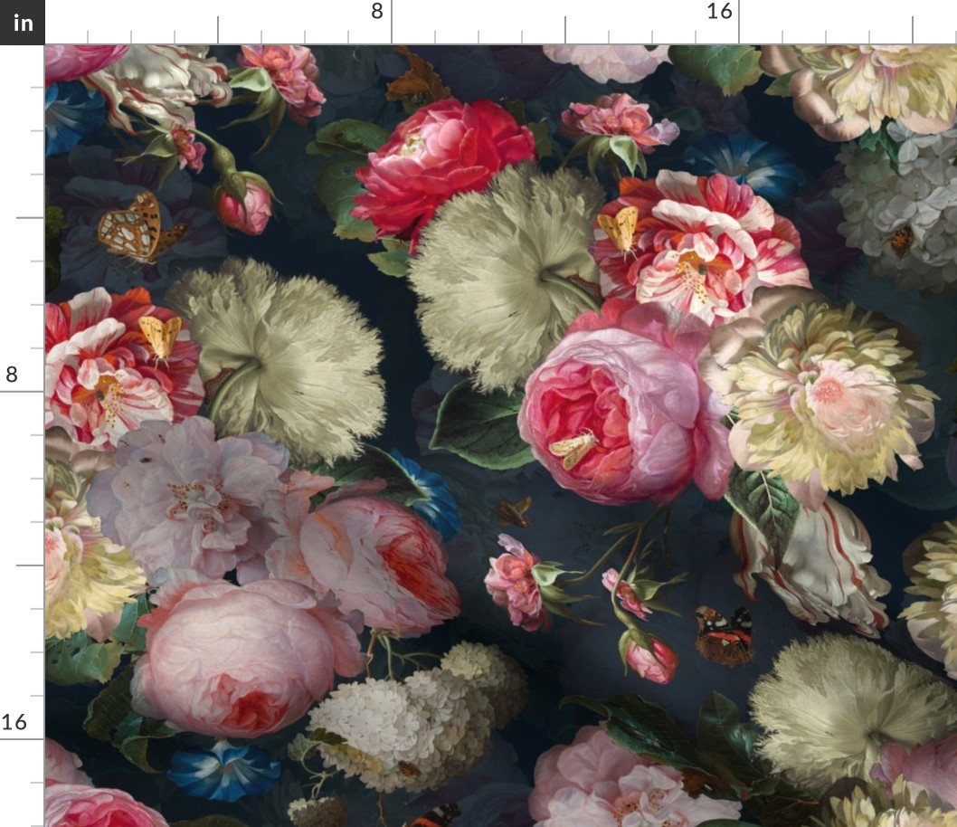 XL - LARGE Lush  Baroque Antiqued Nostalgic Flower Romanticism Peony Roses Bouquets,  Romantic Nostalgic Flemish Floral Bunches, Vintage Home Decor Wallpaper - dark art moody florals - blue