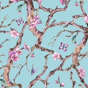 Watercolor cherry blossom, spring flowers on blue