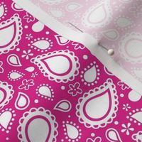 Small Scale Playful Paisley Bandana White on Shocking Pink